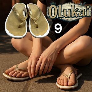 Olukai Amo Flip Flop Sandals Women's 9W Gold White Rubber Slip-On Beach Casual